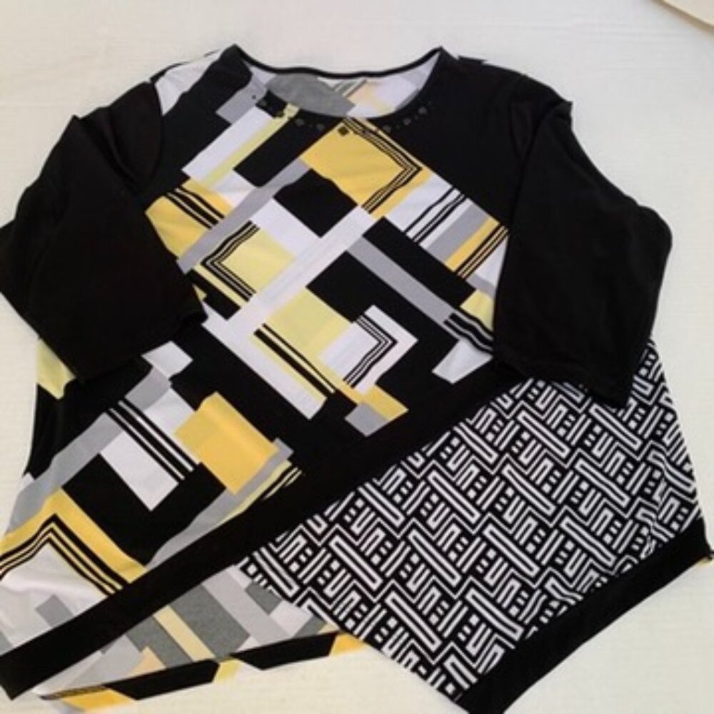 Alfred Dunner Womens Size Large Black Yellow White Pullover